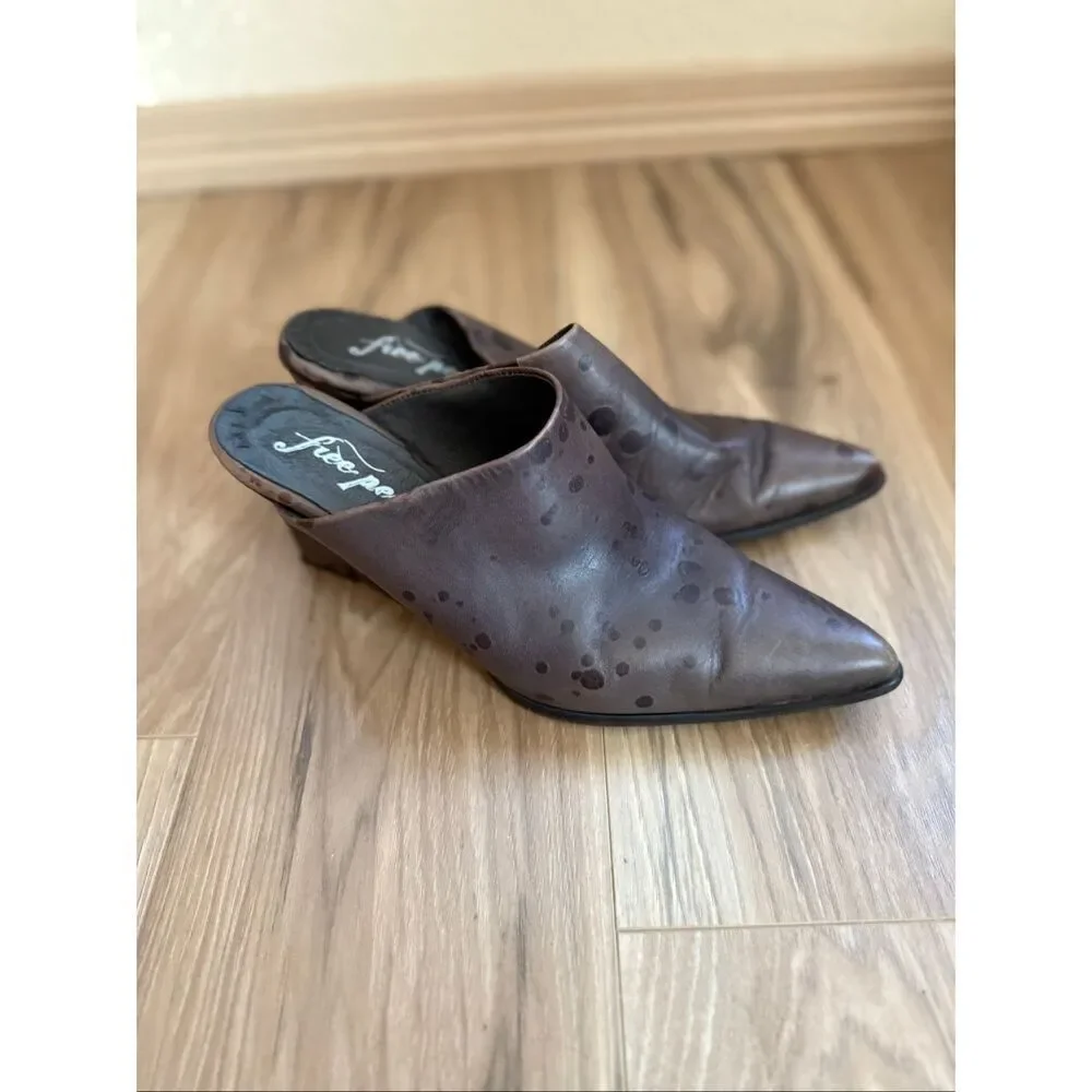 Free People Galactica Mules Point Toe Western Boho Leather Wedge Size 39 Brown